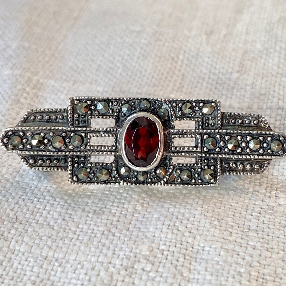 Art Deco Garnet & Marcasite Sterling Brooch